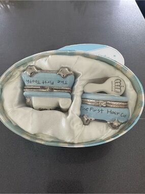 Mud Pie Blue Ceramic Baby Keepsake Boxes with Silver Accents